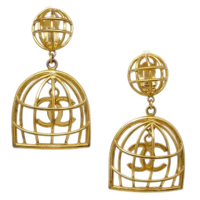 Chanel Birdcage Dangle Earrings Clip-On Gold 93A in Gold from AMORE Vintage Tokyo