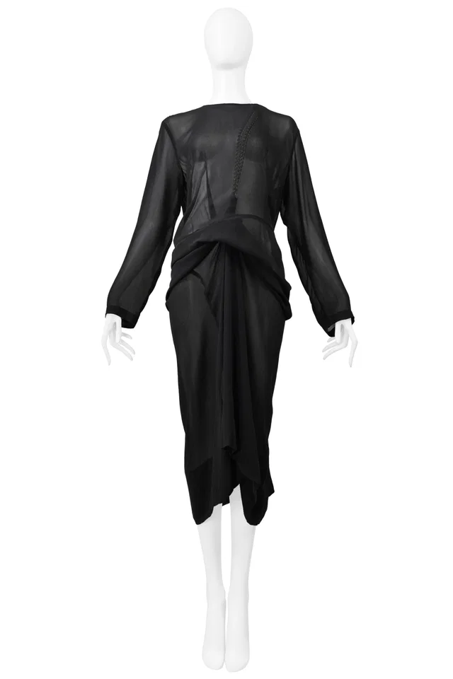 Comme des Garçons Black Sheer Dress With Draping & Interior Silver Chains Aw 2000 in Black from Resurrection Vintage