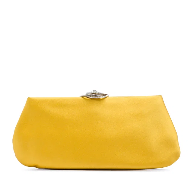 Yellow Chanel Satin Crystal Camellia Evening Frame Clutch in Yellow Satin from Designer Revival