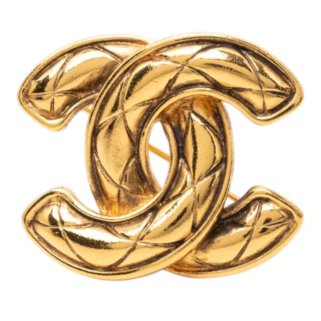 Gold Chanel CC Gold Plated Quilted Brooch in Gold from Designer Revival