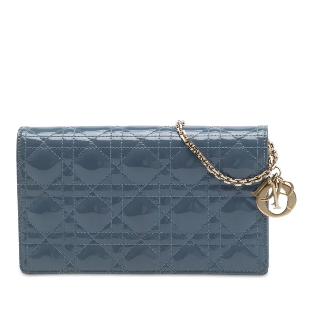 Blue Dior Patent Cannage Lady Dior Pouch with Chain Crossbody Bag in Blue Patent leather from Designer Revival