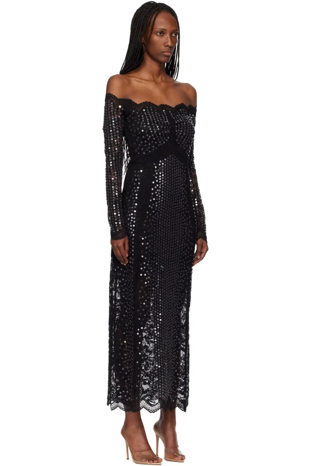 Rabanne Black Lace Sequin Midi Dress, photo 2 of 4 from SSENSE