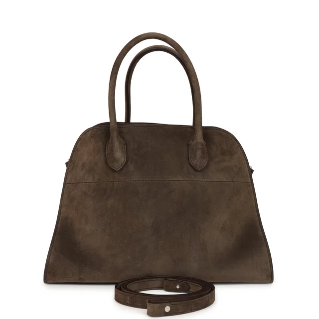 The Row Soft Margaux 12 Bag Nut Brown Suede Silver Hardware in Brown Suede from Madison Avenue Couture