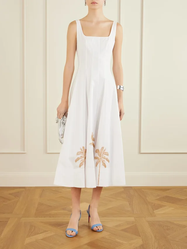STAUD Wells pleated printed cotton-blend poplin midi dress in White, photo 2 of 2 from NET-A-PORTER (Canada)