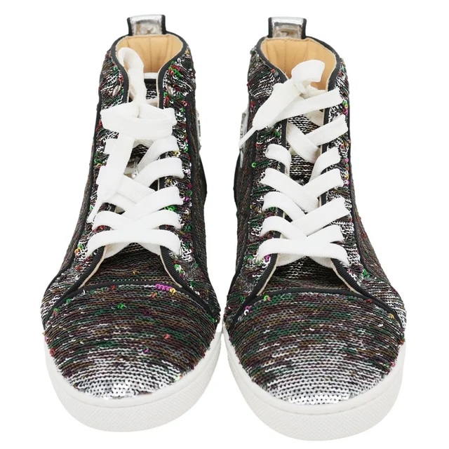 Christian Louboutin Bip High Top Sequins Sneaker Silver Size 38.5 in Silver Leather from Dallas Designer Handbags