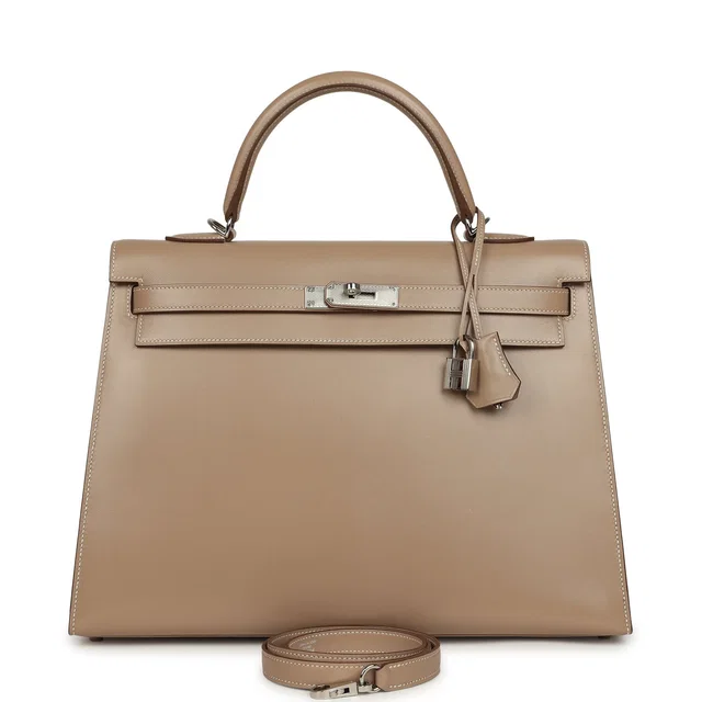 Hermès Kelly Sellier 35 Argile Tadelakt Guilloche Palladium Hardware in Goatskin from Madison Avenue Couture