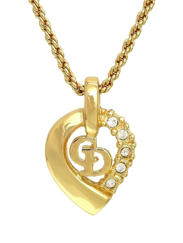 Dior Rhinestone Design Motif Logo Necklace Gold in Gold from VINTAGE QOO TOKYO