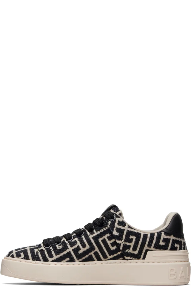 BALMAIN Black & Beige Monogram Jacquard B-Court Sneakers, photo 3 of 5 from SSENSE
