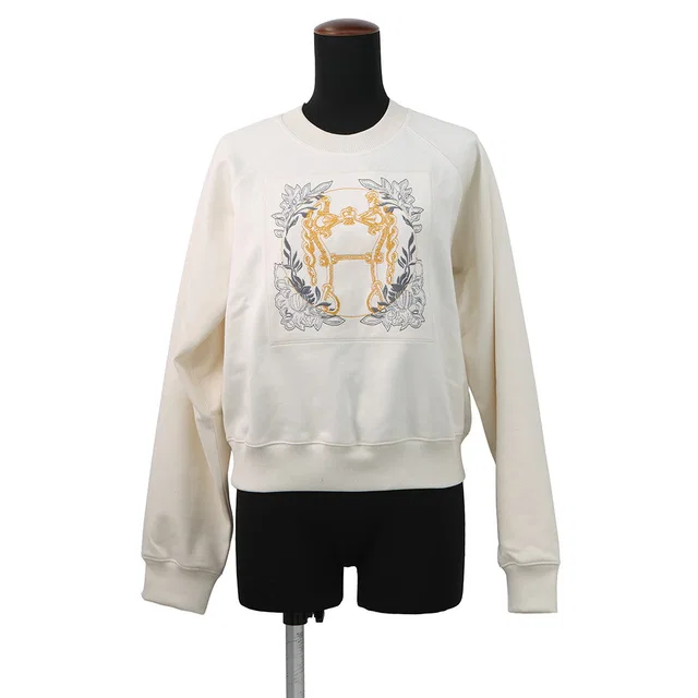 Hermès Raglan Sleeve Knitted Fabric "Della Cavalleria" Embroidery Size 38 Blanc … Cotton32 in White from GALLERY RARE