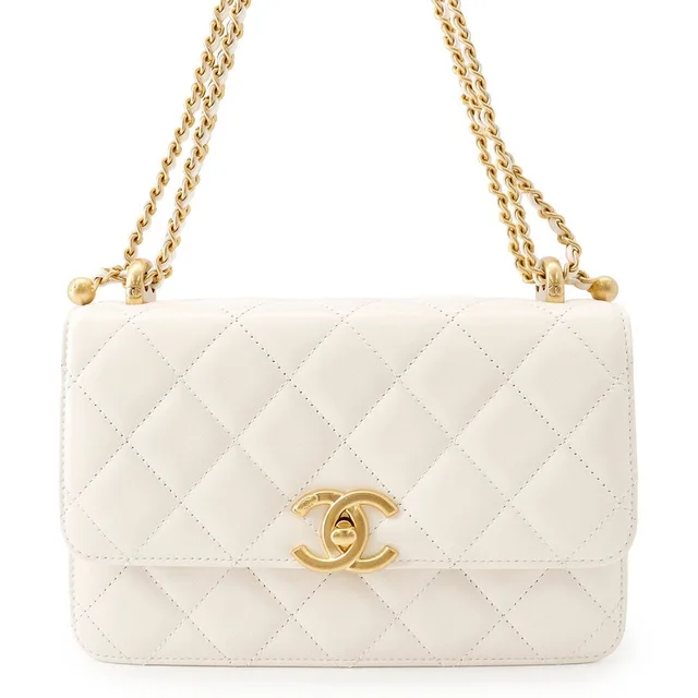 Chanel Chain Shoulder Bag Quilted CC Logo Calfskin White in White Calfskin from The Reluxe