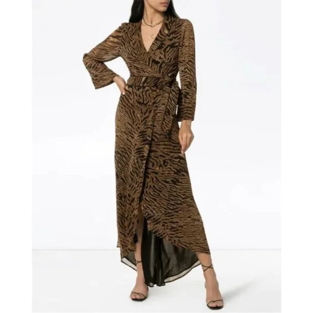 GANNI Brown Animal Print Wrap Maxi Dress in black|brown|red from Poshmark