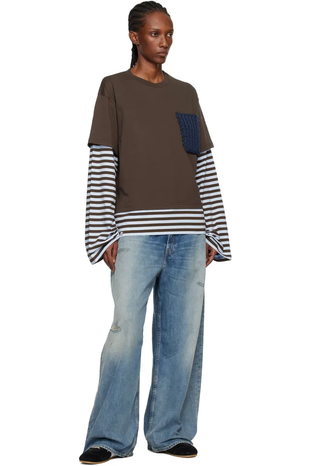 Charles Jeffrey LOVERBOY Brown & Blue Long Sleeve Knit Patch 2-In-1 T-shirt, photo 4 of 4 from SSENSE