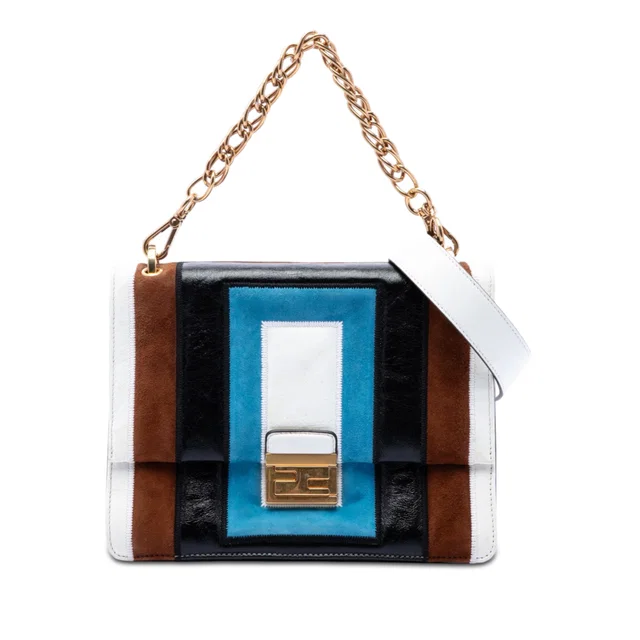 White Fendi Suede and Leather Kan U Colorblock Satchel in White Suede from Designer Revival