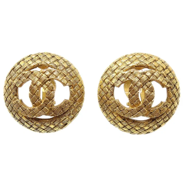 Chanel Button Earrings Gold Clip-On 29/2889 in Gold from AMORE Vintage Tokyo