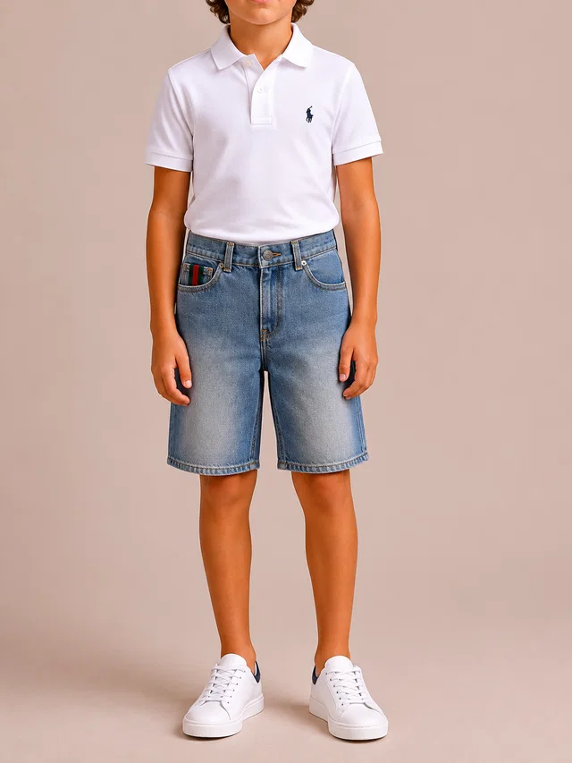 Gucci Kids Blue Denim Bermuda Shorts with Back Leather Logo Detail Size 10 years in Blue Denim from Sellier
