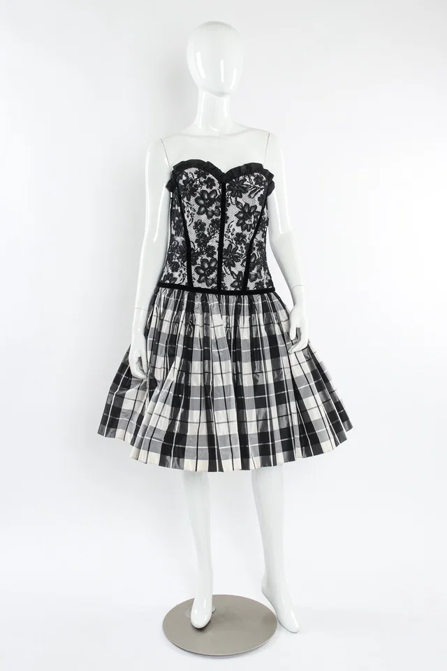 Escada Lace Checker Silk Taffeta Dress in Silk from Recess LA