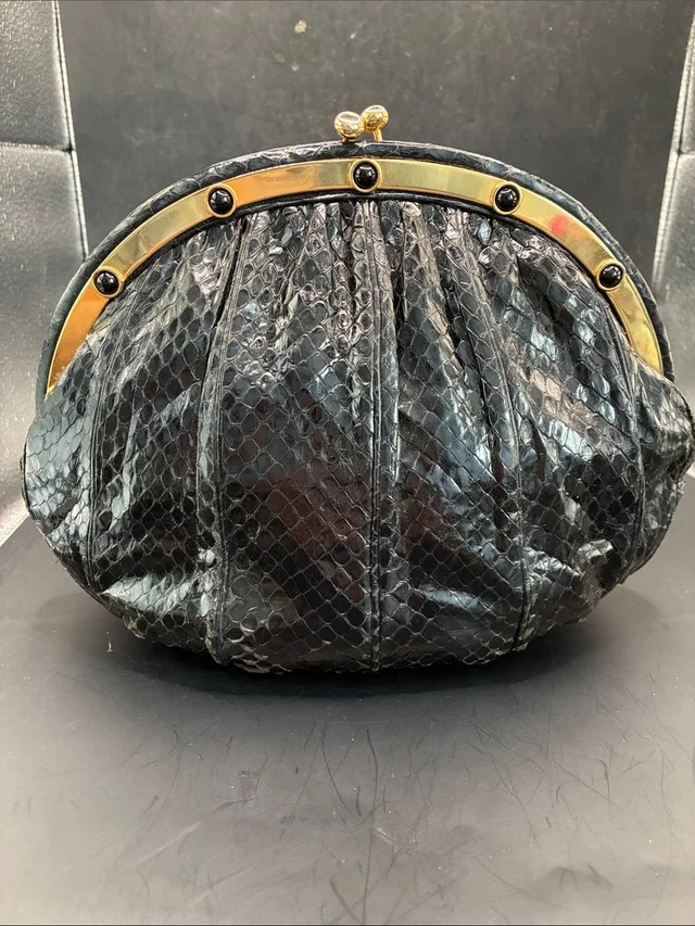 Judith Leiber Vintage Judith Lieber Snakeskin Semicircular Jewel Frame Clutch in black|gold from Poshmark