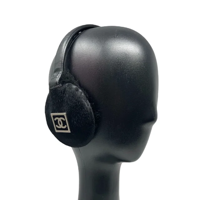 Chanel Sport Vintage CC Mark Logo Earmuffs Black Silver Pony Calf Hair Leather in Black Leather from Luxury Promise