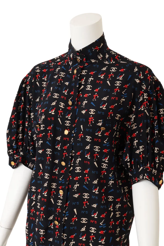 Chanel Novelty Logo Print Puff Sleeve Blouse in Silk from Recess LA, photo 2 of 2