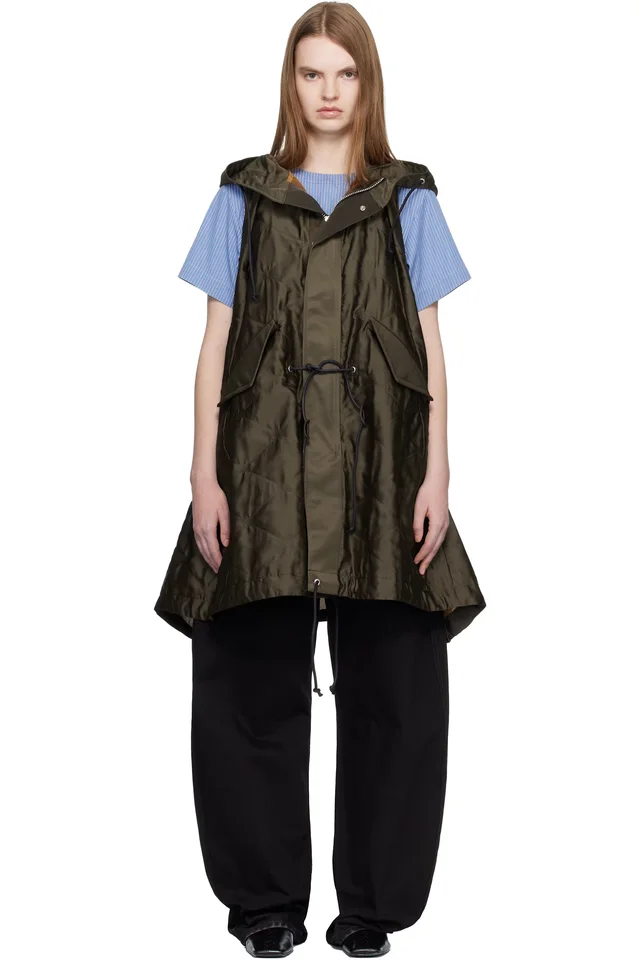 sacai Khaki Quilted Satin Hooded Vest, image 1 of 1 from SSENSE