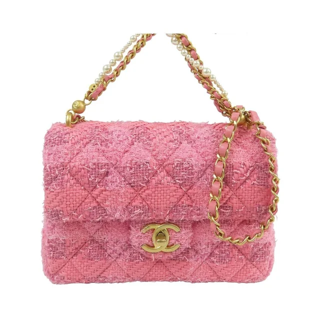 Chanel Chain Shoulder Bag Pink Gold Tweed Quilted Mini Flap in Pink Tweed from The Reluxe