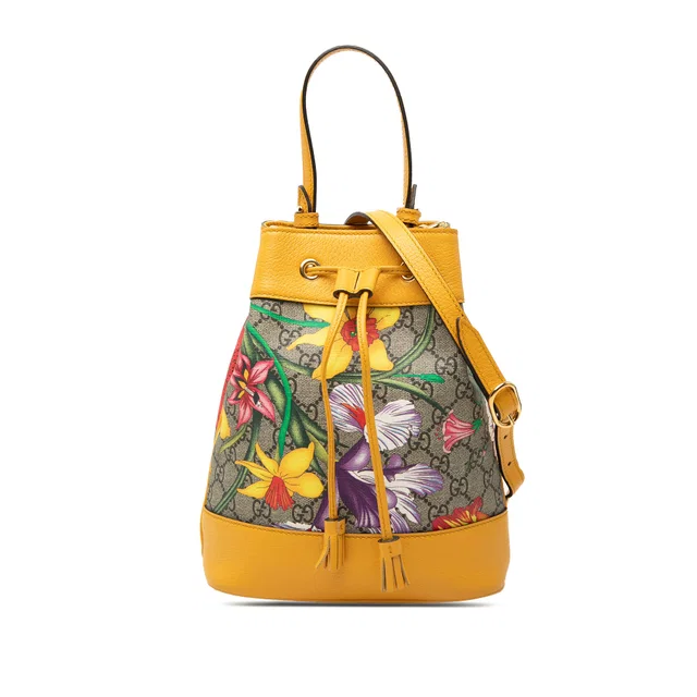 Beige Gucci Small GG Supreme Flora Ophidia Bucket Bag Satchel in Beige Coated canvas from Designer Revival