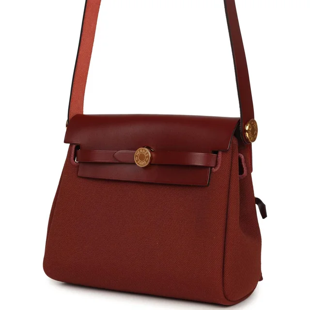 Hermès Herbag Zip 20 Mini Rouge H Toile Militaire Canvas and Vache Hunter Gold Hardware in Burgundy Canvas from Madison Avenue Couture, photo 5 of 10