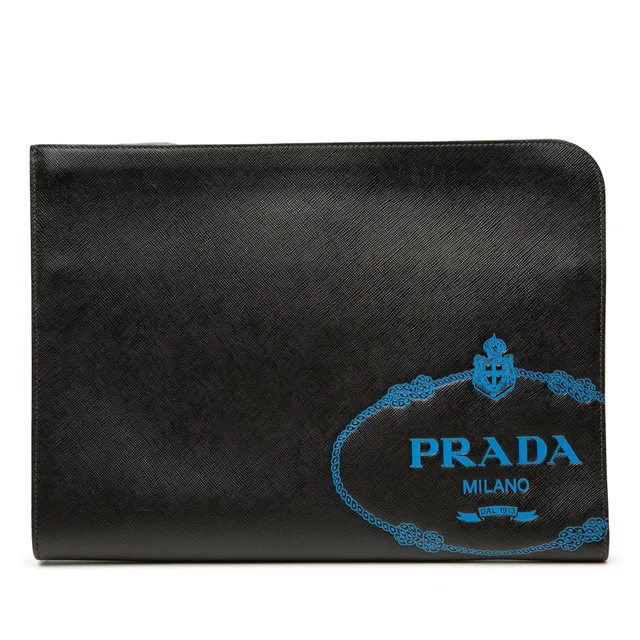 Black Prada Saffiano Logo Clutch in Black Saffiano leather from Designer Revival