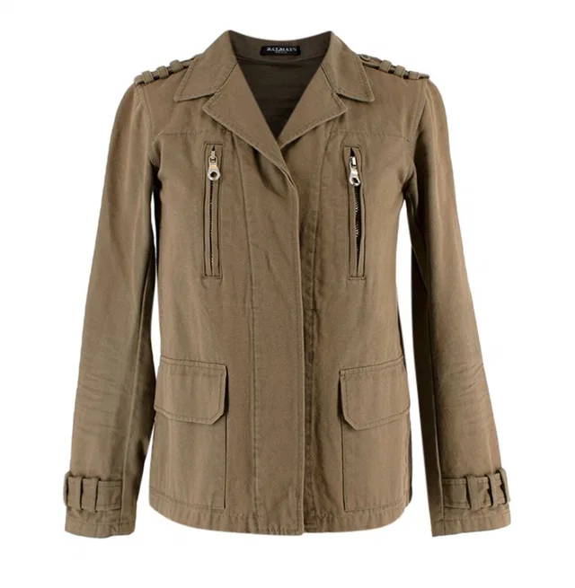 Balmain Khaki Embellished Cotton Military Jacket in Green from HEWI