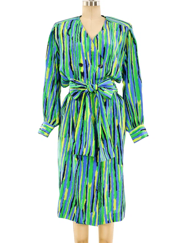 Saint Laurent Abstract Stripe Printed Silk Dress in Multicolor Silk from Arcade Vintage