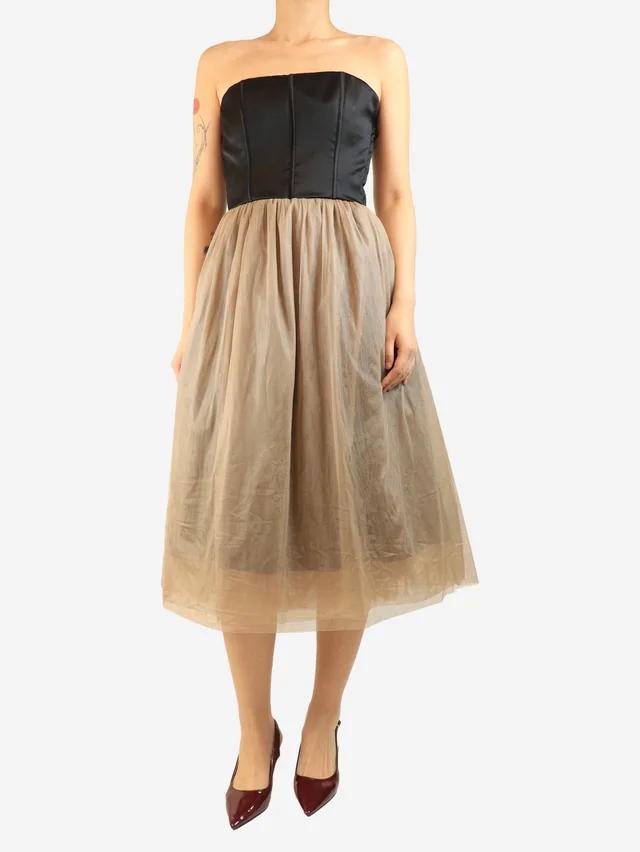 Brunello Cucinelli Black and neutral strapless tulle midi dress - size M in Black Silk from Sign of the Times