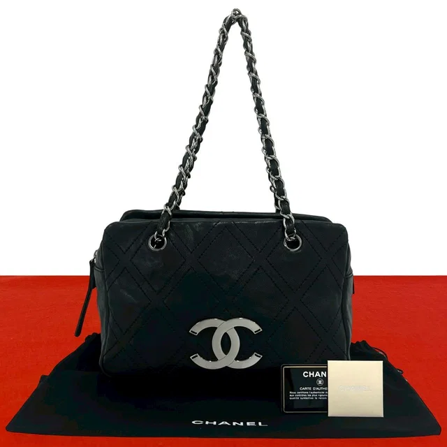 Chanel Card CC Logo Calf Leather Shoulder Bag Tote Black in Black Calfskin from The Reluxe