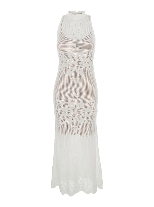 Twinset White Sleeveless Crew Neck Long Dress with Keyhole Closure on the Back and All-Over Floral Embroidery in VIscose Blend for Women in White 65% Viscose 35% Polyamide, photo 2 of 6 from Gaudenzi Boutique