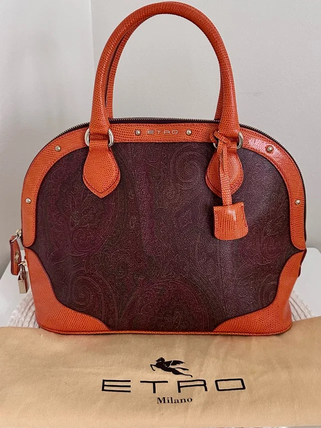 Etro Milano Burgundy Brown Paisley Alma Satchel Handbag With Orange Leather Trim in orange|brown|red Leather from Poshmark
