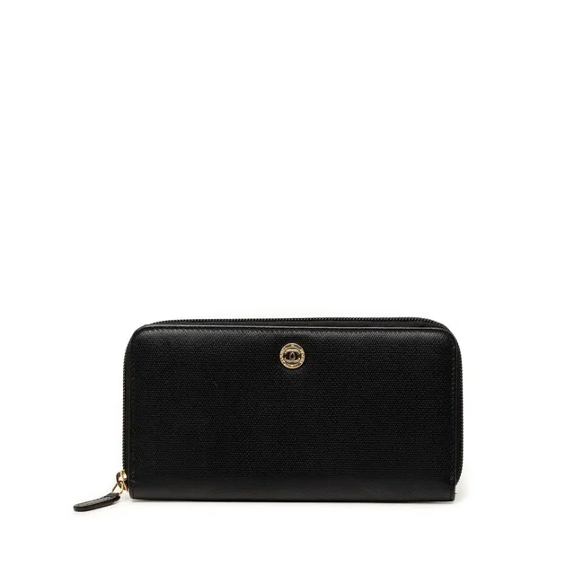 Black Chanel CC Textured Calfskin Button Zip Around Wallet Long Wallets in Black Calfskin from Designer Revival