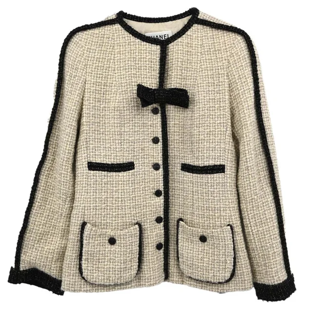 Chanel 2003 Collarless Jacket Tweed Beige #34 in Beige Tweed from AMORE Vintage Tokyo