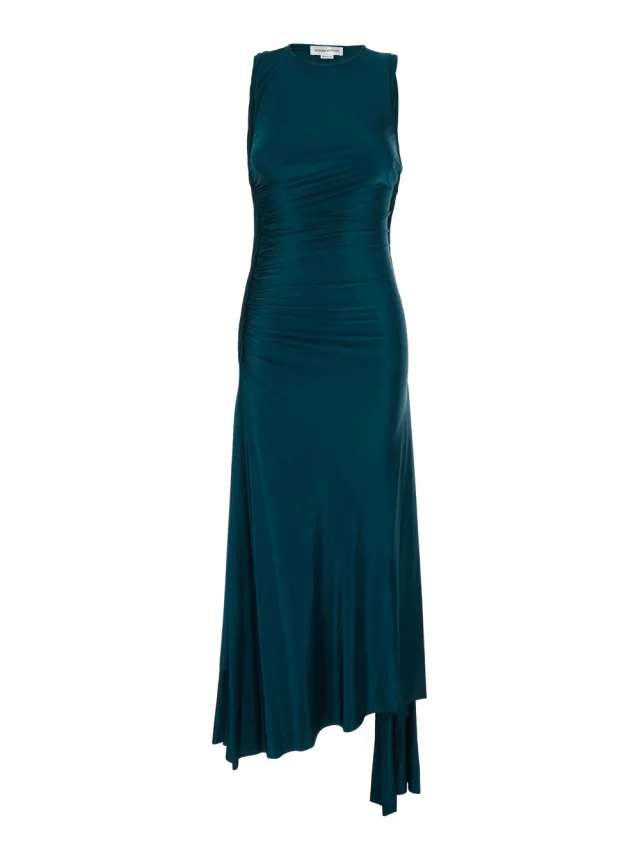 Long Dress 'Victoria' Petrol Green with Round Neck and Ruching Details in Viscose for Women in Green, image 1 of 1 from Gaudenzi Boutique