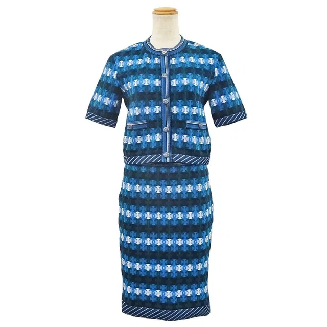 Chanel Set CC Logo Cardigan Skirt 36 Blue White Polyester in White from The Reluxe