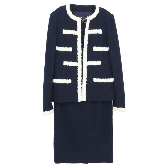 Chanel Setup Suit Jacket Skirt Navy in Navy from AMORE Vintage Tokyo