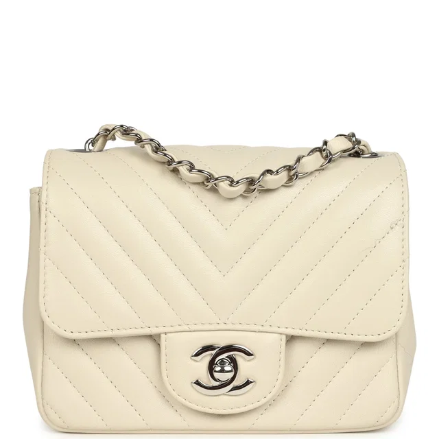 Chanel Mini Chevron Square Flap Bag Ivory Lambskin Silver Hardware in White Lambskin from Madison Avenue Couture