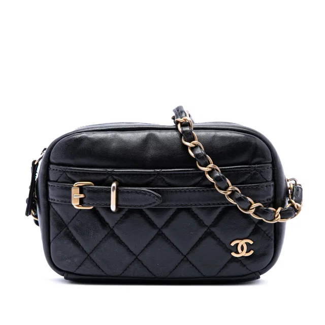 Black Chanel Small Quilted Lambskin Buckle Camera Bag in Black Lambskin from Designer Revival