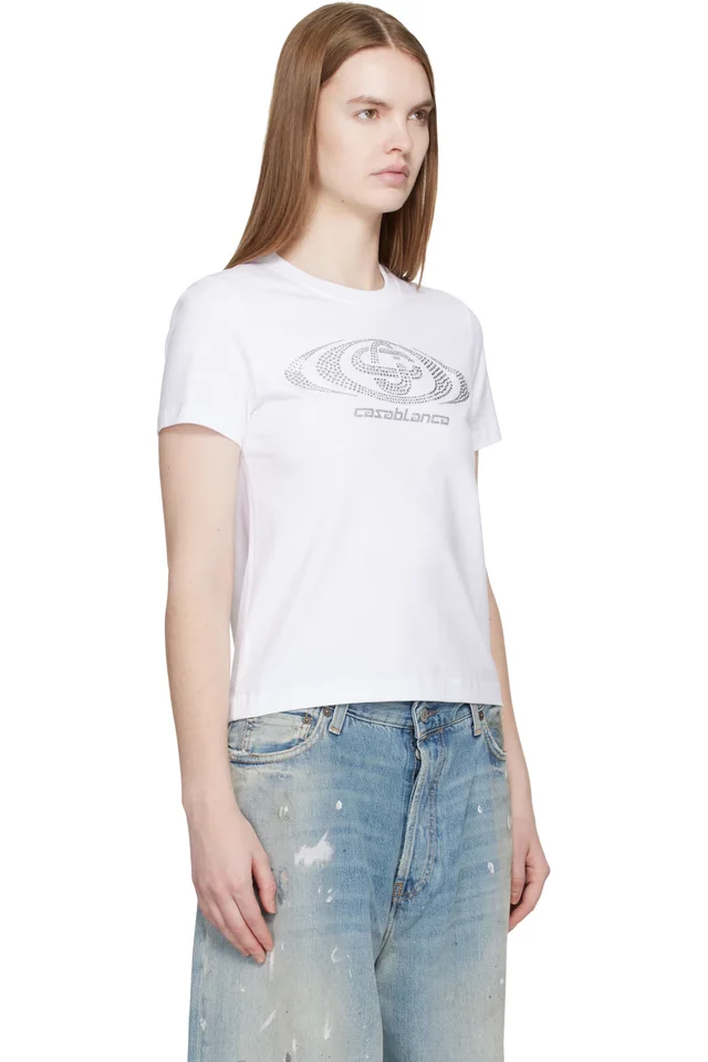 Casablanca White Crystal Warped Logo Fitted Short Sleeve T‑shirt, photo 2 of 4 from SSENSE