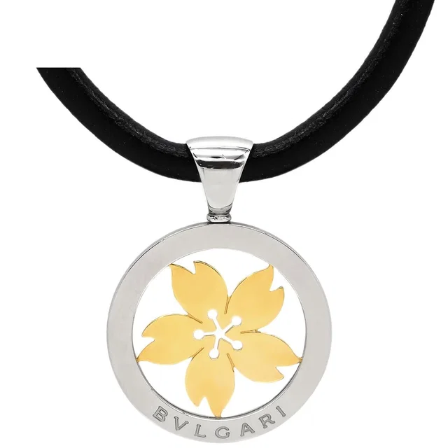 Bvlgari Necklace Tondo Sakura Pendant Yellow Gold Cherry Blossom Motif SS 18K in Yellow Leather from The Reluxe