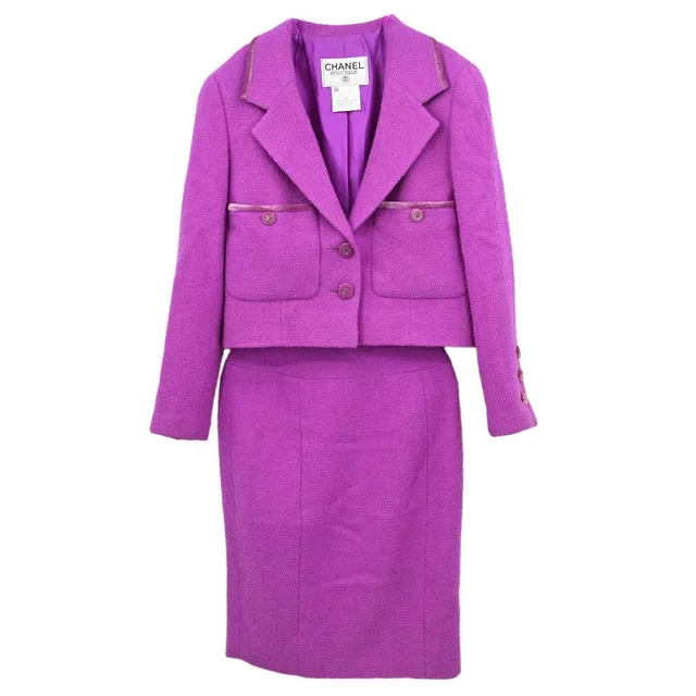 Chanel 1996 Setup Suit Jacket Skirt Tweed Velvet Purple #34 from AMORE Vintage Tokyo