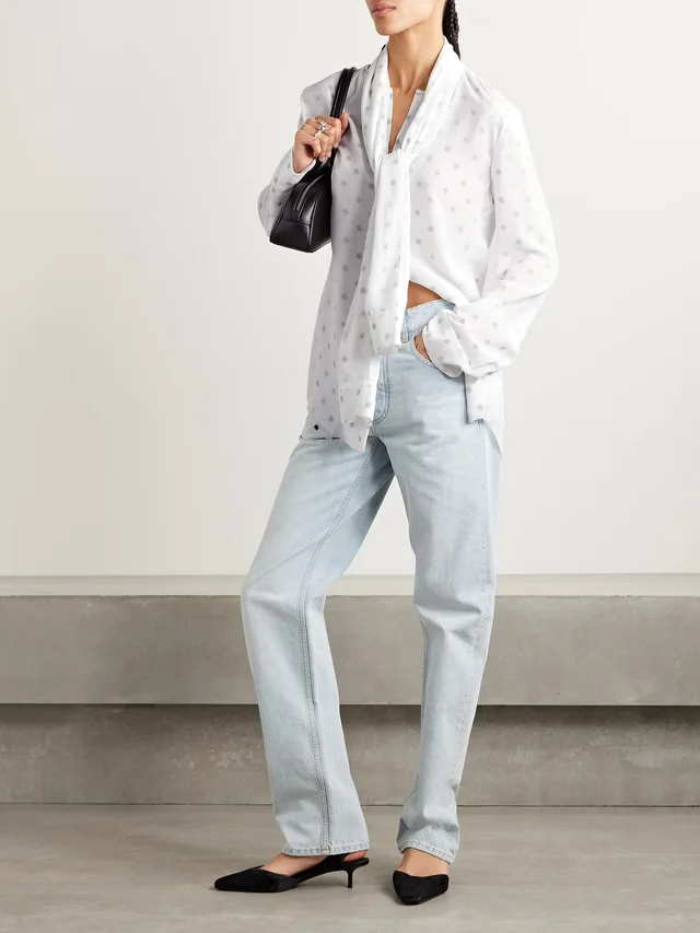 ACNE STUDIOS Layered tie-neck distressed polka-dot georgette blouse in White, photo 2 of 2 from NET-A-PORTER (Canada)