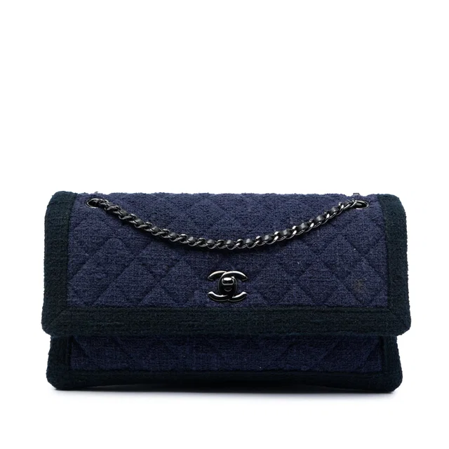 Blue Chanel CC Quilted Tweed Accordion Flap Shoulder Bag in Blue Tweed from Designer Revival