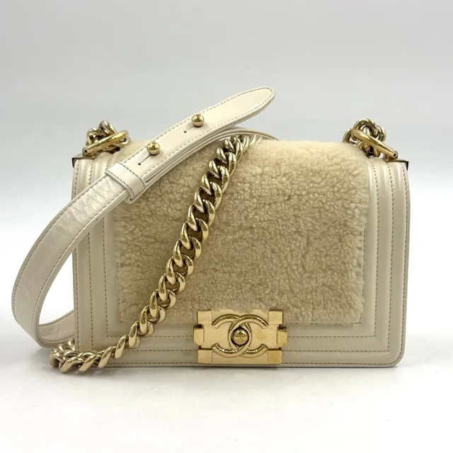 Chanel Boy Leather Shearling Ivory Chain Shoulder Bag Gold in White Leather from The Reluxe