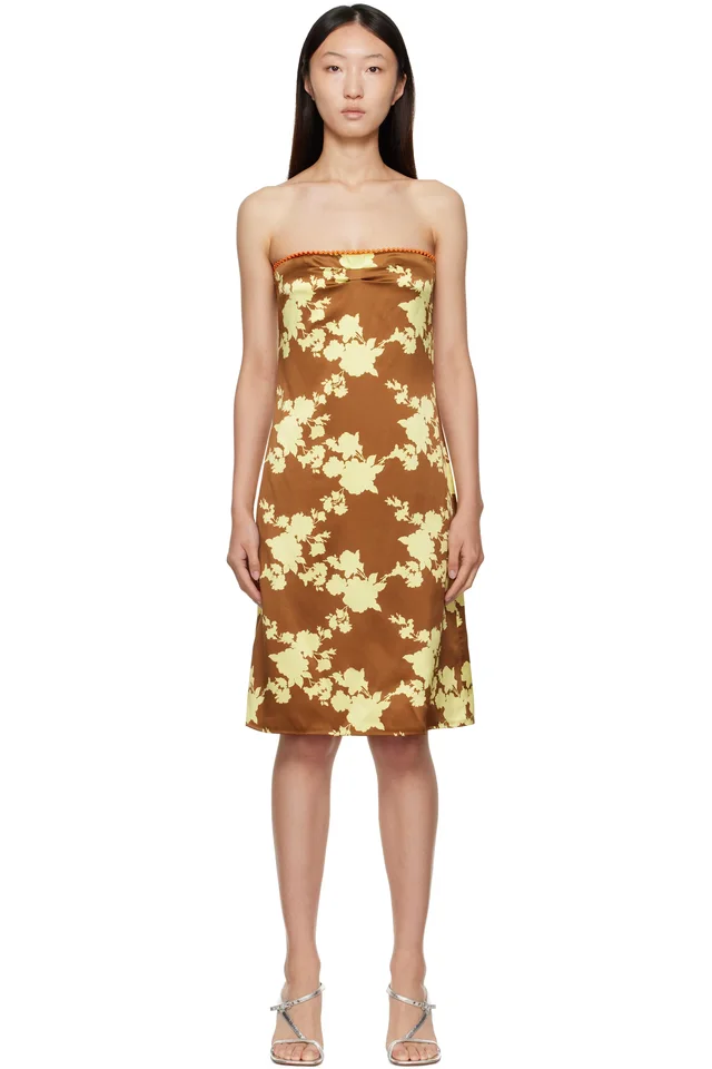 Versace Brown & Yellow Wild Roses Strapless Midi Dress, image 1 of 1 from SSENSE