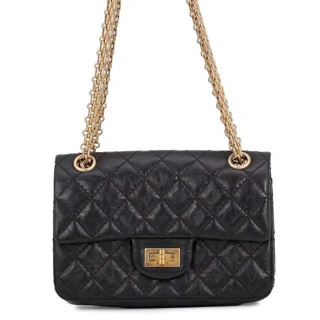 Chanel Chain Shoulder Bag Quilted 2.55 Mini Aged Calf Leather Black in Black Calfskin from The Reluxe