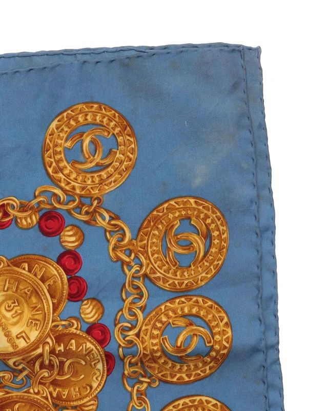 Chanel 90 Coco Mark Classic Silk Blue and Gold Scarf in Blue Silk from A Retro Tale, photo 3 of 3